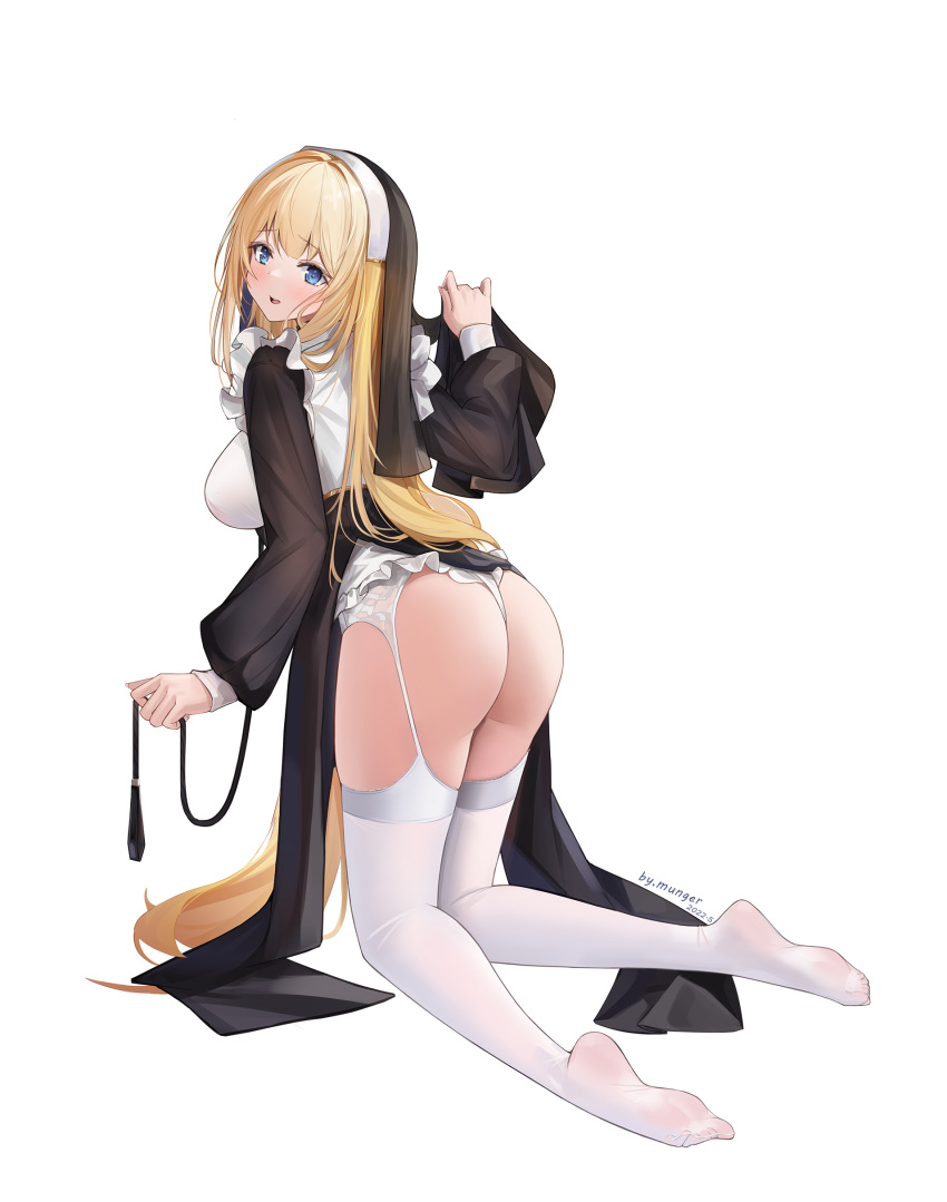 1girl absurdres artist_name ass bangs black_dress blonde_hair blue_eyes blush breasts collar commentary_request dated dress eyebrows_visible_through_hair feet frills from_behind full_body habit highres kneeling large_breasts leaning_forward leash long_hair looking_at_viewer looking_back mungersky no_shoes nun open_mouth original panties simple_background soles solo thighhighs thong underwear very_long_hair white_background white_garter_belt white_legwear white_panties