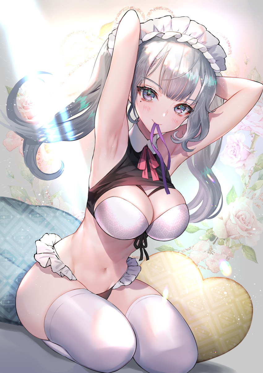 1girl absurdres armpits arms_behind_head arms_up bangs between_breasts blush bra breasts cleavage closed_mouth crop_top flower frilled_hairband frilled_panties frills full_body grey_eyes grey_hair hairband heart heart_pillow highres hitowa large_breasts long_hair looking_at_viewer mole mole_under_eye mouth_hold navel neck_ribbon original panties pillow pink_flower pink_ribbon pink_rose purple_ribbon ribbon ribbon_in_mouth rose smile solo stomach thighhighs underwear white_bra white_legwear