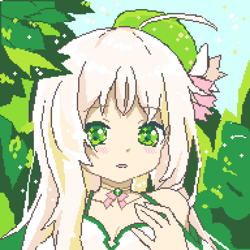 1girl absurdres ahoge bangs bare_shoulders blue_sky blush breasts cleavage collarbone commentary_request day dress eyebrows_visible_through_hair green_eyes hand_up highres kiri_sakura light_brown_hair long_hair looking_at_viewer medium_breasts original outdoors parted_lips pixel_art plant sky solo white_dress