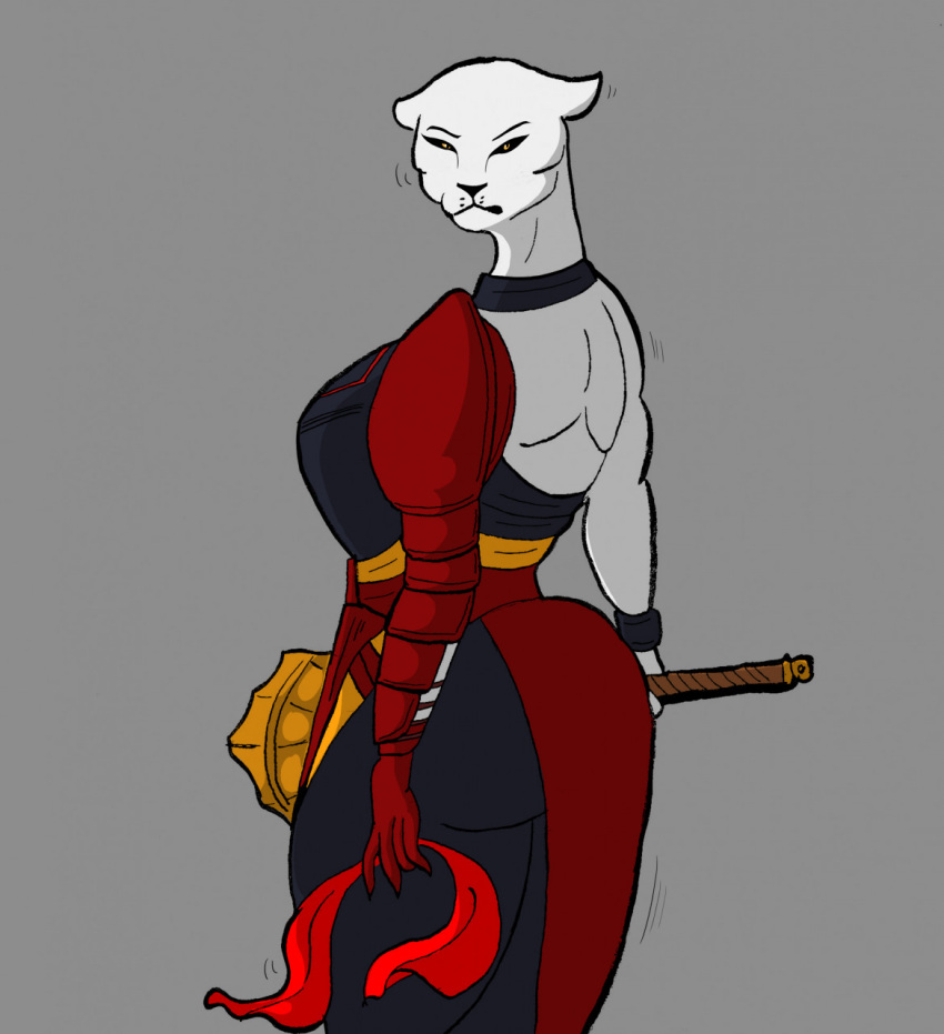 anthro armor big_breasts big_butt black_sclera breasts butt club_(weapon) felid female fur hi_res image_comics invincible_(comics) lion looking_at_viewer mammal melee_weapon muscular muscular_female pantherine panthra78 solo thokk's_daughter weapon white_body white_fur wide_hips yellow_eyes