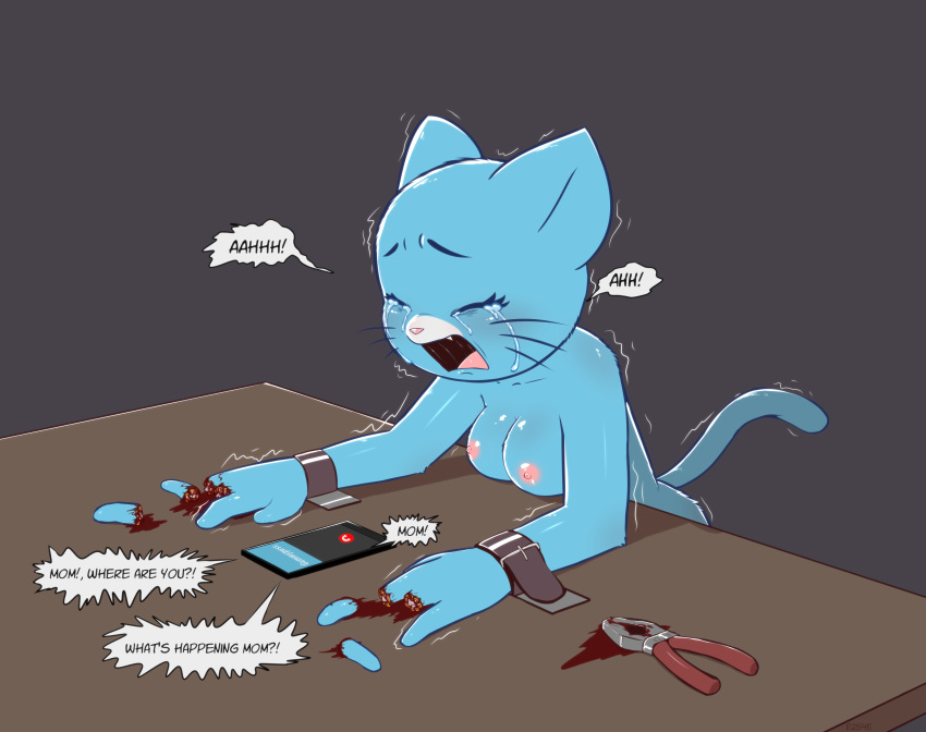 absurd_res anthro blood blue_body bodily_fluids cartoon_network cellphone crying domestic_cat e254e felid feline felis female gore hi_res mammal nicole_watterson nude pain phone smartphone solo tears the_amazing_world_of_gumball