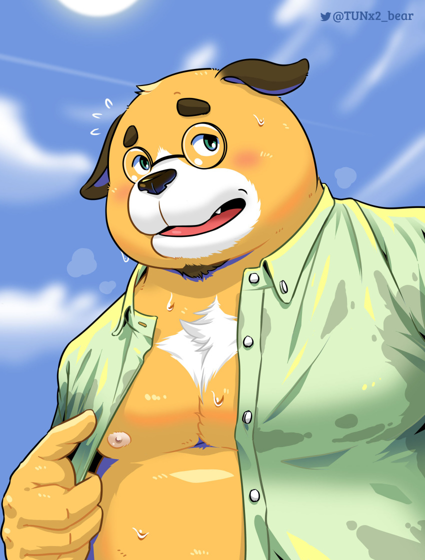 2022 absurd_res anthro belly big_belly blush bodily_fluids canid canine canis clothed clothing cloud domestic_dog eyewear glasses hi_res humanoid_hands kemono male mammal moobs nipples open_clothing open_shirt open_topwear outside overweight overweight_male shirt solo sun sweat topwear tunx2