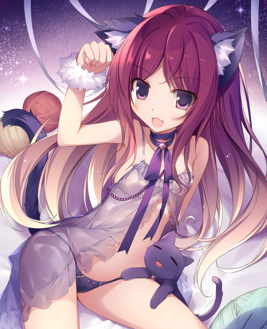 1girl :3 :d animal animal_ear_fluff animal_ears bangs black_cat black_panties blonde_hair blush bow bow_panties cameltoe cat cat_ears cat_girl cat_tail cowboy_shot eyebrows_visible_through_hair fang gradient_hair highres karory lingerie long_hair looking_at_viewer multicolored_hair neck_ribbon original panties purple_eyes purple_ribbon red_hair ribbon scrunchie smile solo starry_background tail tail_raised underwear very_long_hair wrist_scrunchie yarn