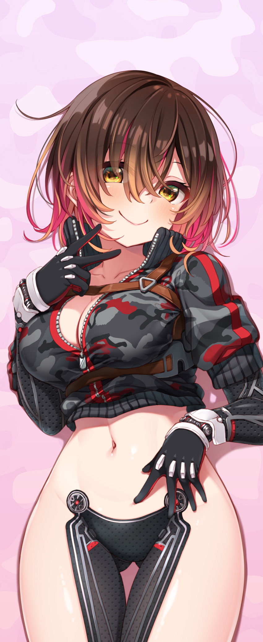 1girl absurdres android blush breasts brown_hair cleavage collarbone colored_inner_hair dodome-iro_mayonnaise eyebrows_visible_through_hair gloves highres hololive jacket large_breasts midriff multicolored_hair navel pink_hair roboco-san short_hair smile solo v virtual_youtuber yellow_eyes zipper