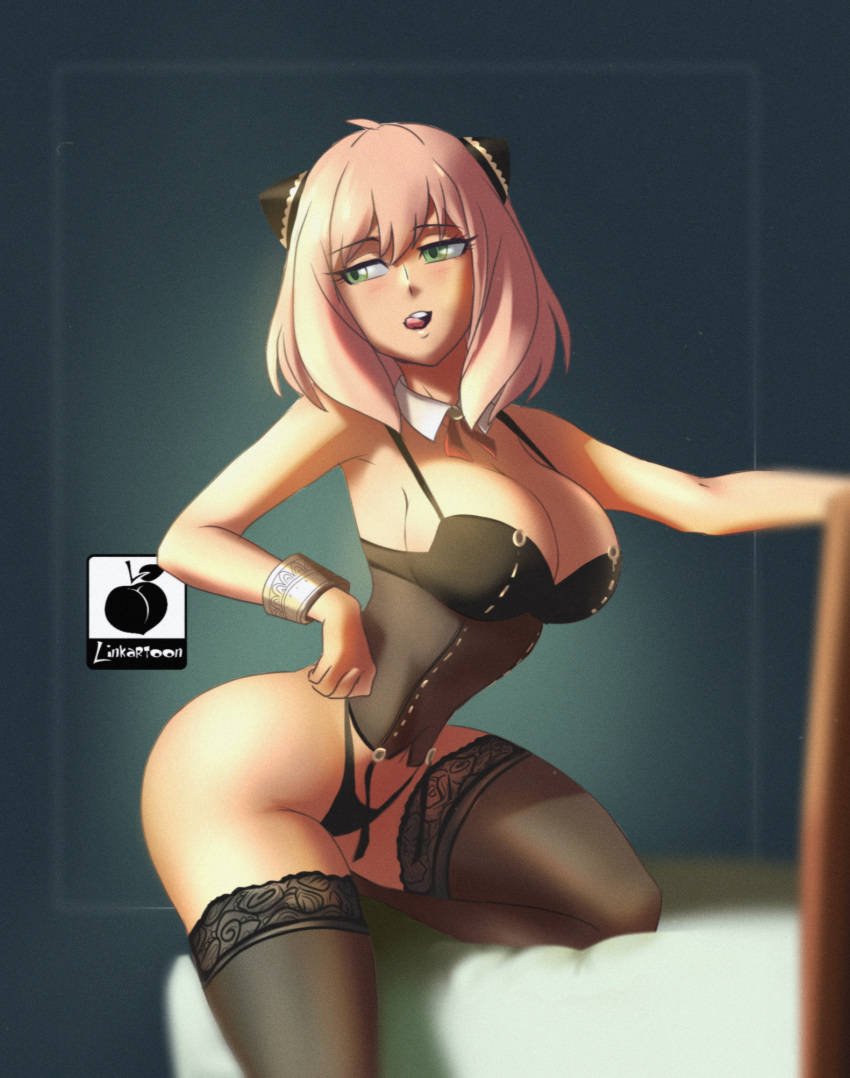 1girl anya_(spy_x_family) armpits black_panties bracelet breasts cleavage collar corset detached_collar gold hair_cones highres horn_ornament horns jewelry lace-trimmed_legwear lace_trim large_breasts leotard linkartoon looking_to_the_side older panties pink_hair ring solo spy_x_family teeth thick_thighs thighhighs thighs thong tongue tongue_out underwear white_collar