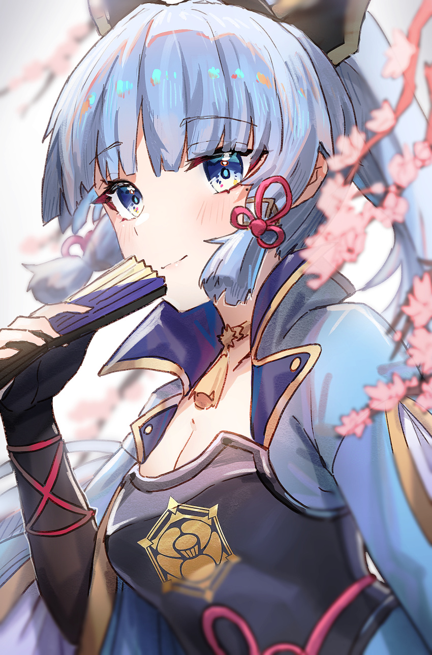 1girl armor bangs black_bow black_gloves blue_eyes blue_hair blunt_bangs blush bow breasts cherry_blossoms choker cleavage closed_fan closed_mouth elbow_gloves eyebrows_visible_through_hair fingerless_gloves folding_fan genshin_impact gloves hair_bow hand_fan highres holding holding_fan kamisato_ayaka long_hair long_sleeves looking_at_viewer medium_breasts mole mole_under_eye outdoors ponytail raw_egg_lent smile solo tassel_choker upper_body wide_sleeves yellow_choker