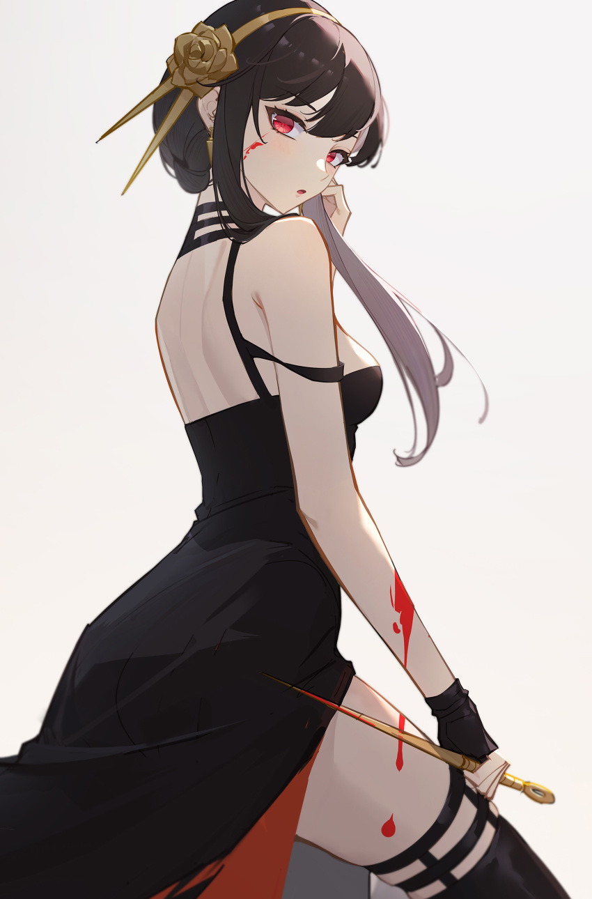 1girl :o absurdres back black_dress black_gloves black_hair black_legwear blood blood_on_arm blood_on_face blood_on_leg blood_on_weapon breasts dress fingerless_gloves flower from_side gloves gold_hairband hair_flower hair_ornament hand_up highres lance_(lancelliu) long_hair looking_at_viewer looking_to_the_side medium_breasts parted_lips rose sidelocks simple_background skindentation solo spikes spy_x_family strap_slip thighhighs two-sided_dress two-sided_fabric weapon white_background yor_briar zettai_ryouiki