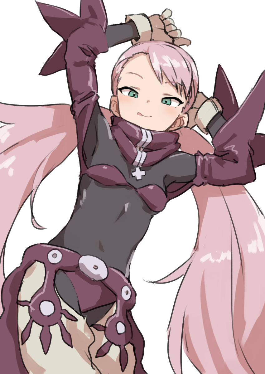 1girl absurdres arm_behind_head arms_up blush bodysuit character_request copyright_request cross eyebrows_visible_through_hair gazacy_(dai) gloves green_eyes grey_background grey_bodysuit grey_gloves highres long_hair pink_hair simple_background solo tight tongue tongue_out twintails very_long_hair