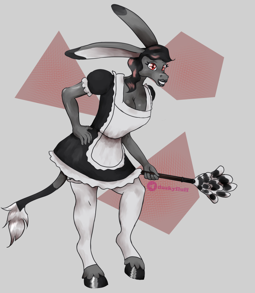 abstract_background anthro asinus breasts clothing donkey dusky_fluff equid equine female fur grey_body grey_fur hi_res long_ears looking_at_viewer maid_uniform mammal markings red_eyes smile smiling_at_viewer solo tail_markings uniform