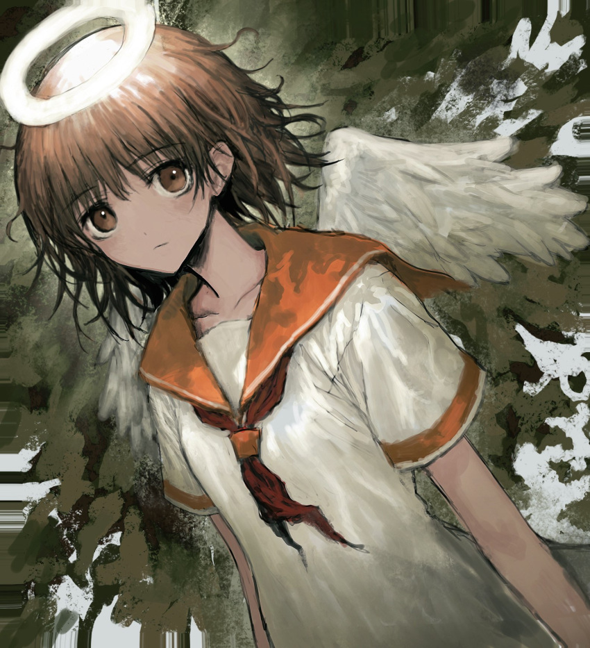 1girl :| angel angel_wings arms_at_sides breasts brown_eyes brown_hair closed_mouth collarbone commentary cowboy_shot dutch_angle expressionless feathered_wings haibane_renmei halo highres light medium_hair messy_hair neckerchief orange_sailor_collar rakka_(haibane) red_neckerchief sailor_collar shirt small_breasts solo sono_(user_dmxn5534) standing white_shirt white_wings wings