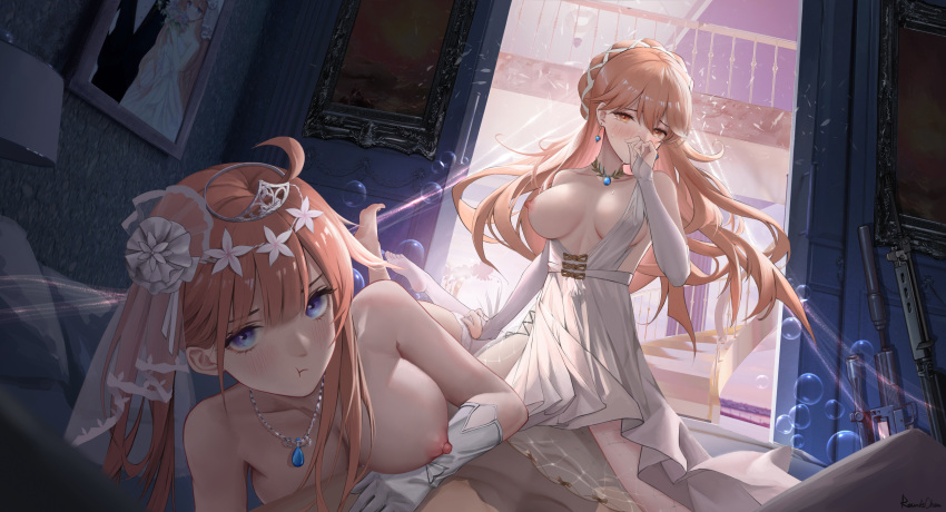 1boy 2girls :t absurdres ahoge artist_name bangs bare_shoulders barefoot blue_eyes blue_gemstone blush braid breasts bride bubble chinese_commentary cleavage clothed_female_nude_male collarbone commission crying dress elbow_gloves eyebrows_visible_through_hair fal_(girls'_frontline) feet fingerless_gloves flower gem girls'_frontline gloves gun hair_flower hair_ornament hair_ribbon hand_on_another's_thigh harem hetero highres implied_sex indoors jewelry lace-trimmed_legwear lace_trim large_breasts long_hair looking_at_viewer lying multiple_girls necklace nipples no_bra nude on_bed on_person on_stomach one_breast_out orange_eyes orange_hair ots-14_(girls'_frontline) out_of_frame pendant pov ribbon rifle roundschen side_ponytail sidelocks signature single_thighhigh sitting sitting_on_person soles sweat swept_bangs tears thighhighs toes veil very_long_hair weapon wedding_dress white_dress white_gloves white_legwear white_ribbon