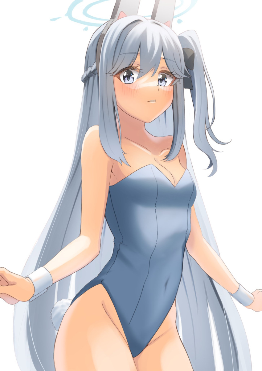 1girl asuteru bangs black_bow blue_archive blue_leotard blush bow breasts cleavage collarbone covered_navel cowboy_shot eyebrows_visible_through_hair fake_tail floating_hair grey_eyes grey_hair grey_hairband hair_between_eyes hair_bow hairband highleg highleg_leotard highres leotard long_hair looking_at_viewer miyako_(blue_archive) parted_lips rabbit_tail side_ponytail simple_background small_breasts solo standing strapless strapless_leotard tail very_long_hair white_background wrist_cuffs