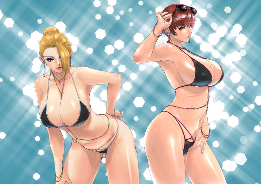 2girls armpits artist_name bangs bare_shoulders bikini black_bikini blonde_hair blue_eyes bracelet breasts brown_eyes cleavage collarbone commentary_request earrings eyebrows_visible_through_hair eyewear_on_head fingernails hair_bun hair_over_one_eye hand_on_hip hand_up highleg highleg_bikini highres jewelry large_breasts leaning_forward lips looking_at_viewer mature_(kof) multiple_girls navel necklace parted_lips red_hair shiny shiny_skin short_hair simple_background sk_(sk-g) smile stomach sunglasses sweat sweatdrop swimsuit the_king_of_fighters the_king_of_fighters_xv thighs vice_(kof) watermark