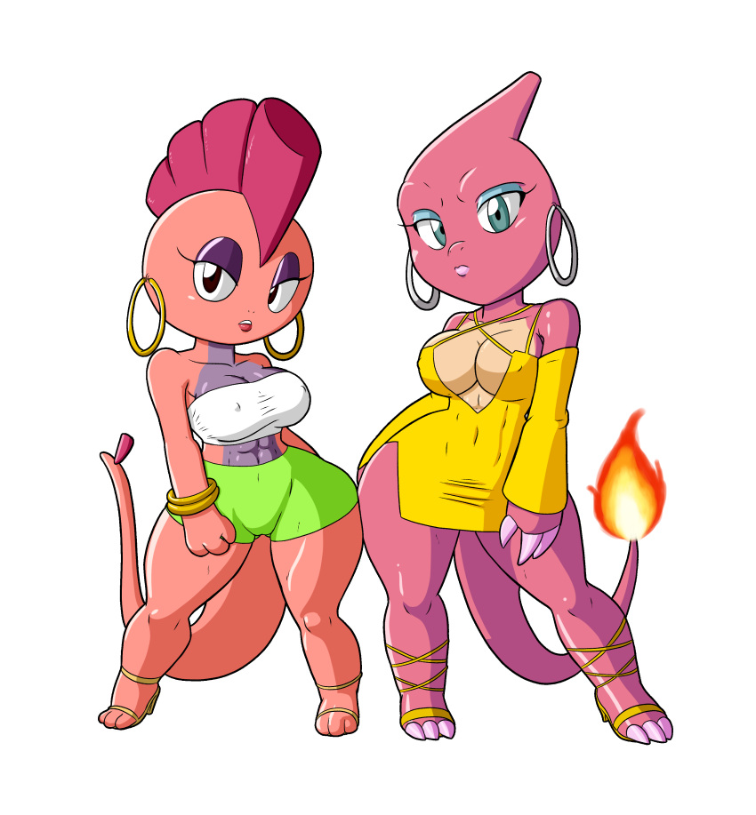 abs absurd_res anklet anthro big_breasts bottomwear bracelet breasts brown_eyes charmeleon clothing crop_top dress duo ear_piercing ear_ring female fire flaming_tail green_eyes half-closed_eyes hi_res jewelry looking_at_viewer midriff multicolored_body muscular muscular_anthro muscular_female narrowed_eyes nintendo nipple_outline piercing pok&eacute;mon pok&eacute;mon_(species) scrafty shirt skirt tansau thick_thighs topwear two_tone_body video_games wide_hips