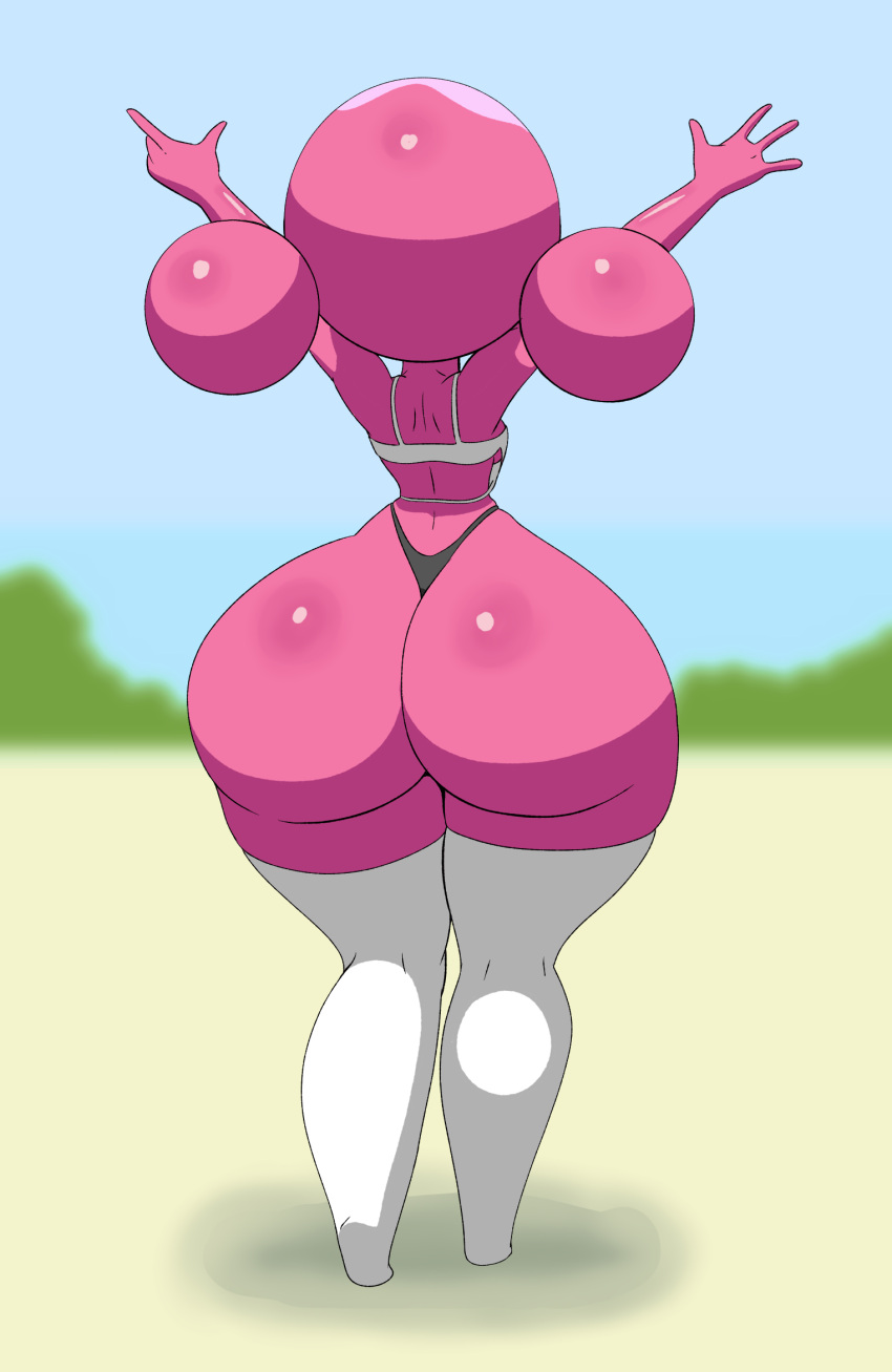 big_butt breasts butt clothing female hi_res huge_butt huge_hips huge_thighs humanoid leggings legwear looking_up mammal niseko pink_body rear_view shirt solo tank_top tansau thick_thighs thong topwear underwear wide_hips