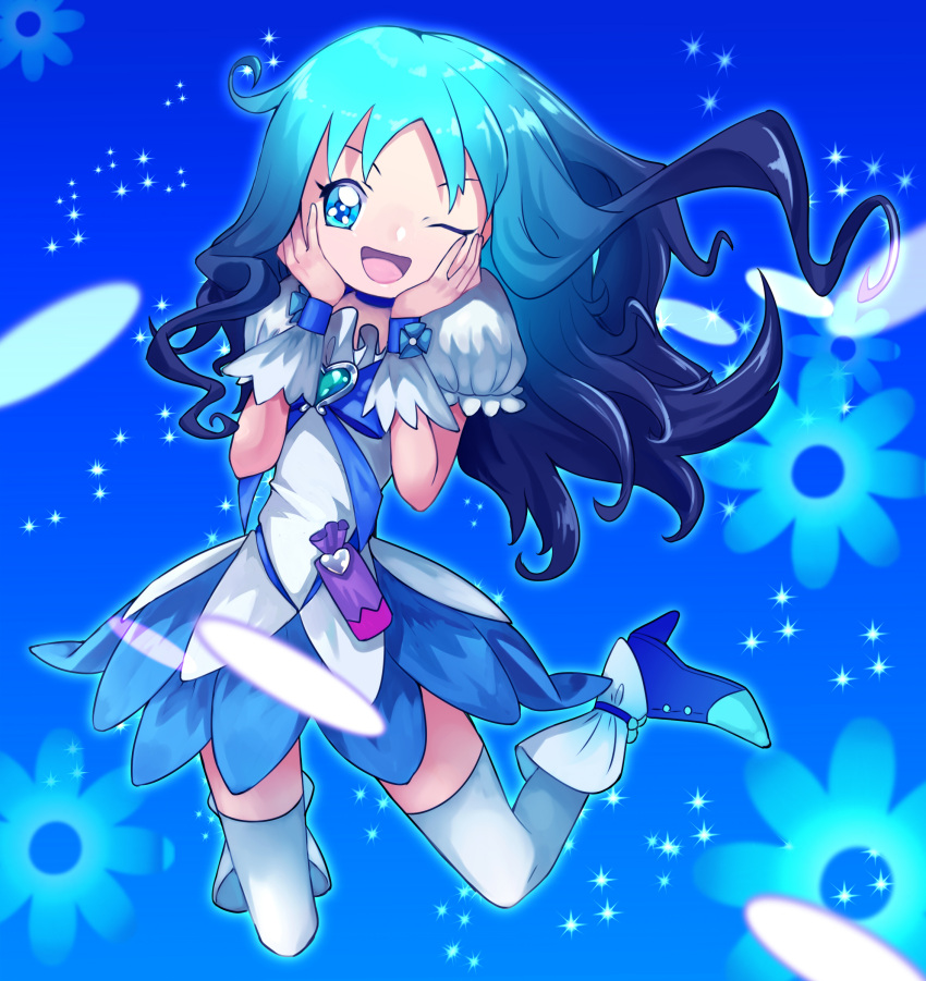 1girl ;d blue_background blue_bow blue_choker blue_eyes blue_flower blue_footwear blue_hair blue_skirt bow choker cure_marine floating_hair flower full_body hands_on_own_cheeks hands_on_own_face heart heartcatch_precure! henshin highres kurumi_erika long_hair miniskirt one_eye_closed open_mouth precure shiny shiny_hair shirt short_sleeves skirt smile solo straight_hair tamagokake_candy thighhighs white_legwear white_shirt zettai_ryouiki