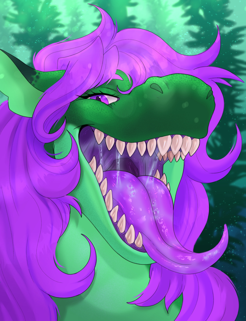 absurd_res anthro bodily_fluids fish green_body green_scales green_skin hair headshot_portrait herm hi_res intersex kelp_(blaze125) looking_at_viewer marine mouth_shot open_mouth portrait purple_eyes purple_hair saliva saliva_on_tongue saliva_string scales shark solo teeth teeth_visible throat xeniyy