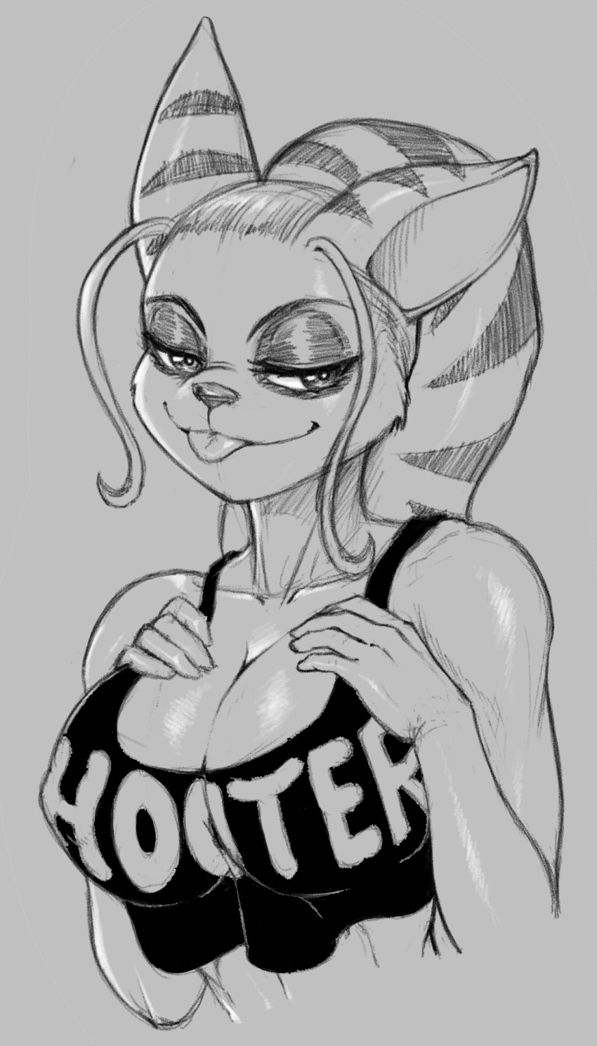 alien angela_cross anthro bedroom_eyes big_breasts black_and_white breasts cleavage clothed clothing female hair hi_res hooters hooters_uniform lombax looking_at_viewer loose_hair mammal monochrome narrowed_eyes nipple_outline pltnm06ghost ponytail ratchet_and_clank seductive shirt sketch sony_corporation sony_interactive_entertainment stripes tank_top tongue tongue_out topwear video_games