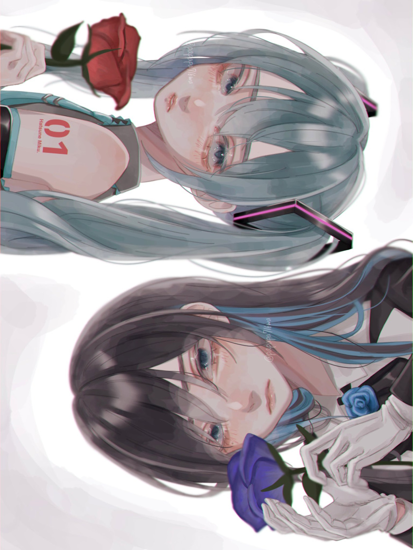 2girls ado_(singer) aqua_eyes aqua_hair aqua_necktie bare_shoulders black_hair blue_eyes blue_flower blue_rose blush bolo_tie colored_eyelashes colored_inner_hair detached_sleeves eyelashes flower gloves half-closed_eyes hatsune_miku highres holding holding_flower lips looking_at_viewer looking_to_the_side multicolored_hair multiple_girls necktie number_tattoo pale_skin parted_lips pink_lips red_flower red_rose rose rotational_symmetry shirt shoulder_tattoo sideways sleeveless sleeveless_shirt streaked_hair tattoo tie_clip turning_head twintails vocaloid white_gloves yurosuke