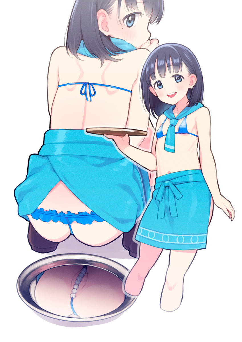 1girl :d apron ass bangs bikini black_footwear black_hair blue_apron blue_bikini blue_scarf blunt_bangs blush commentary_request covering_mouth cropped_legs eniwa_shii eyebrows_visible_through_hair flat_chest from_behind hand_over_own_mouth hand_up highres holding holding_tray looking_at_viewer looking_back medium_hair micro_bikini mole mole_under_eye navel pearl_thong pussy pussy_peek reflection scarf shoulder_blades simple_background smile solo squatting super_cub swimsuit tareme tray ukokkei upper_body white_background