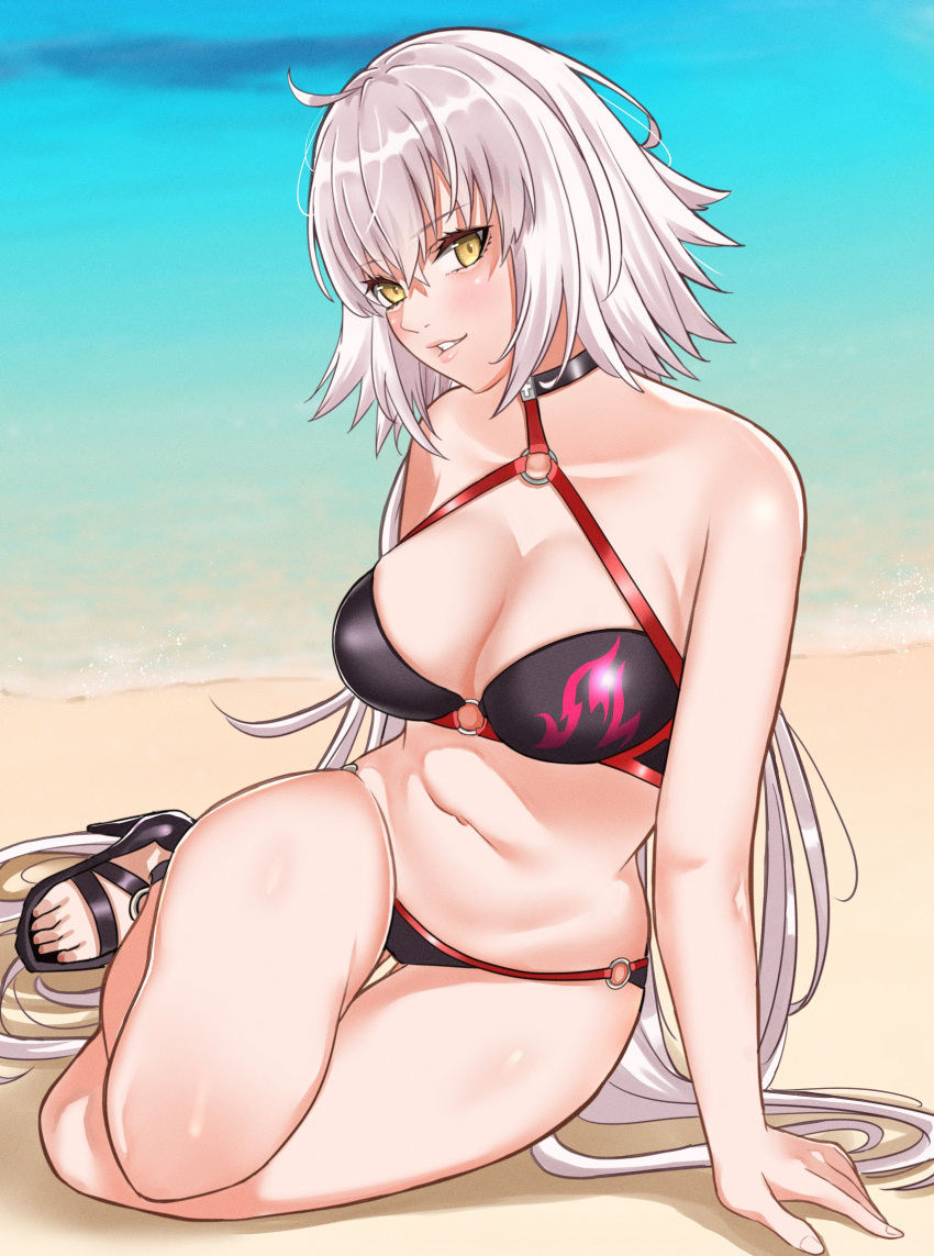 1girl ahoge arm_support bangs breasts cleavage crossed_bangs fate/grand_order fate_(series) grey_hair hair_between_eyes high_heels highres jeanne_d'arc_alter_(fate) jeanne_d'arc_alter_(swimsuit_berserker)_(fate) large_breasts light_blush long_hair looking_at_viewer ocean parted_lips sand smile solo thigh_gap thighs toes tomotomow00w very_long_hair water white_hair yellow_eyes