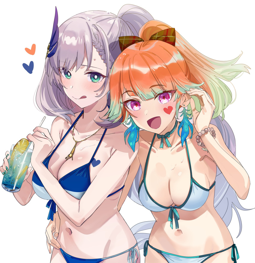 2girls :d absurdres bikini blue_bikini bow bracelet breasts choker cleavage cup drink drinking_straw earrings feather_hair_ornament feathers gradient_hair green_eyes green_hair hair_bow hair_ornament hand_on_another's_hip heart highres holding holding_cup holding_drink hololive hololive_english hololive_indonesia jewelry large_breasts long_hair multicolored_hair multiple_girls navel necklace open_mouth orange_hair pavolia_reine ponytail purple_eyes side-tie_bikini simple_background smile swimsuit takanashi_kiara tongue tongue_out virtual_youtuber white_background white_bikini white_hair yomosaka