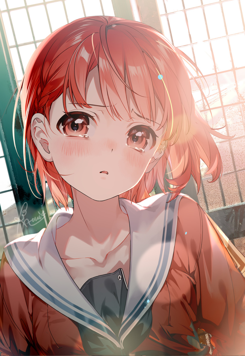 1girl almic bangs black_neckerchief blush breasts collarbone dutch_angle eyebrows_visible_through_hair highres looking_at_viewer neckerchief open_mouth original outdoors red_eyes red_hair red_shirt sailor_collar school_uniform serafuku shirt short_hair signature small_breasts solo tearing_up upper_body white_sailor_collar