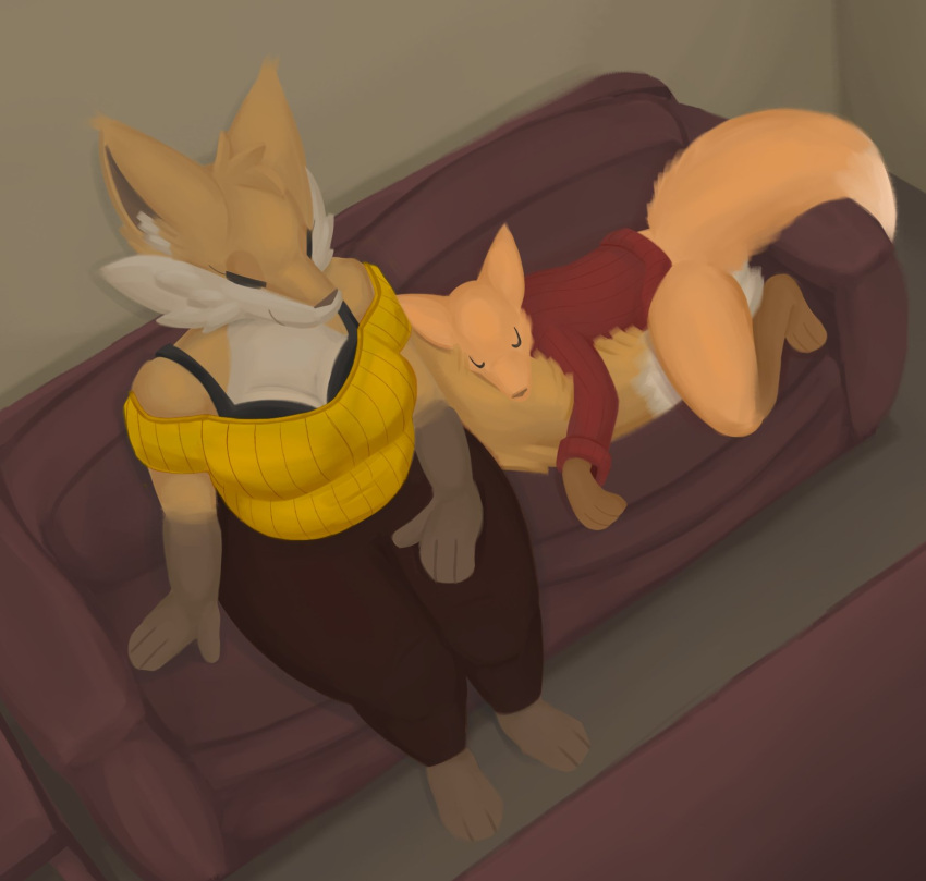 2022 anthro biped breasts canid canine cleavage clothed clothing daughter digital_media_(artwork) duo female fox fur furniture hi_res larger_anthro larger_female mammal mother mother_and_child mother_and_daughter on_tail orange_body orange_fur parent parent_and_child size_difference sleeping smaller_anthro smaller_female smile sofa trisha_fox_(zzx) white_body white_fur zzx