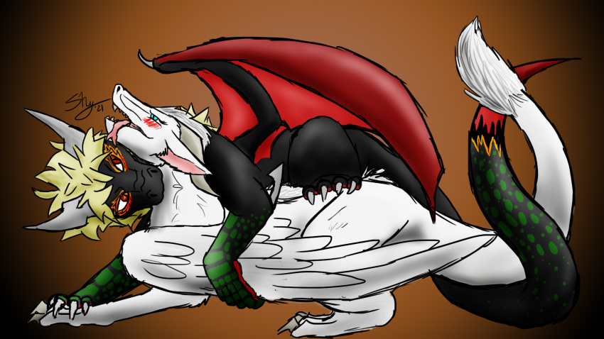 16:9 artist_rainfeather bite dragon duo female feral from_behind_position hi_res katsuki_bakugou male male/female mounting my_hero_academia neck_bite orignal_character sex widescreen