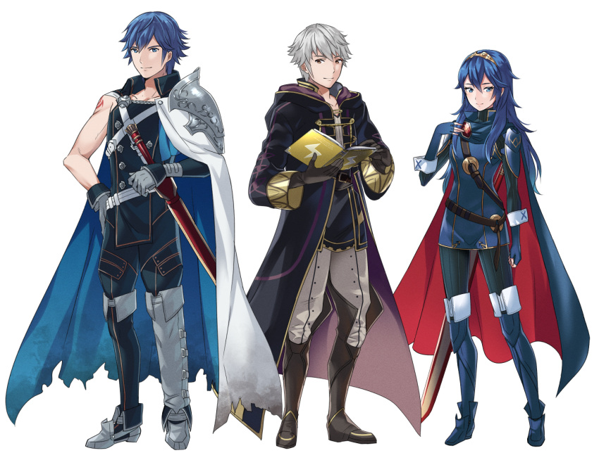 2boys ameno_(a_meno0) armor armored_boots asymmetrical_clothes bangs belt blue_eyes blue_footwear blue_gloves blue_hair blue_sweater book boots brown_belt brown_eyes cape chrom_(fire_emblem) closed_mouth coat falchion_(fire_emblem) fingerless_gloves fire_emblem fire_emblem_awakening full_body gloves grey_hair hand_on_own_chest lips long_hair long_sleeves looking_at_viewer lucina_(fire_emblem) multiple_boys pink_lips red_cape ribbed_sweater robin_(fire_emblem) robin_(fire_emblem)_(male) short_hair shoulder_armor simple_background smile sweater sword tiara torn_clothes turtleneck turtleneck_sweater two-tone_cape weapon white_background