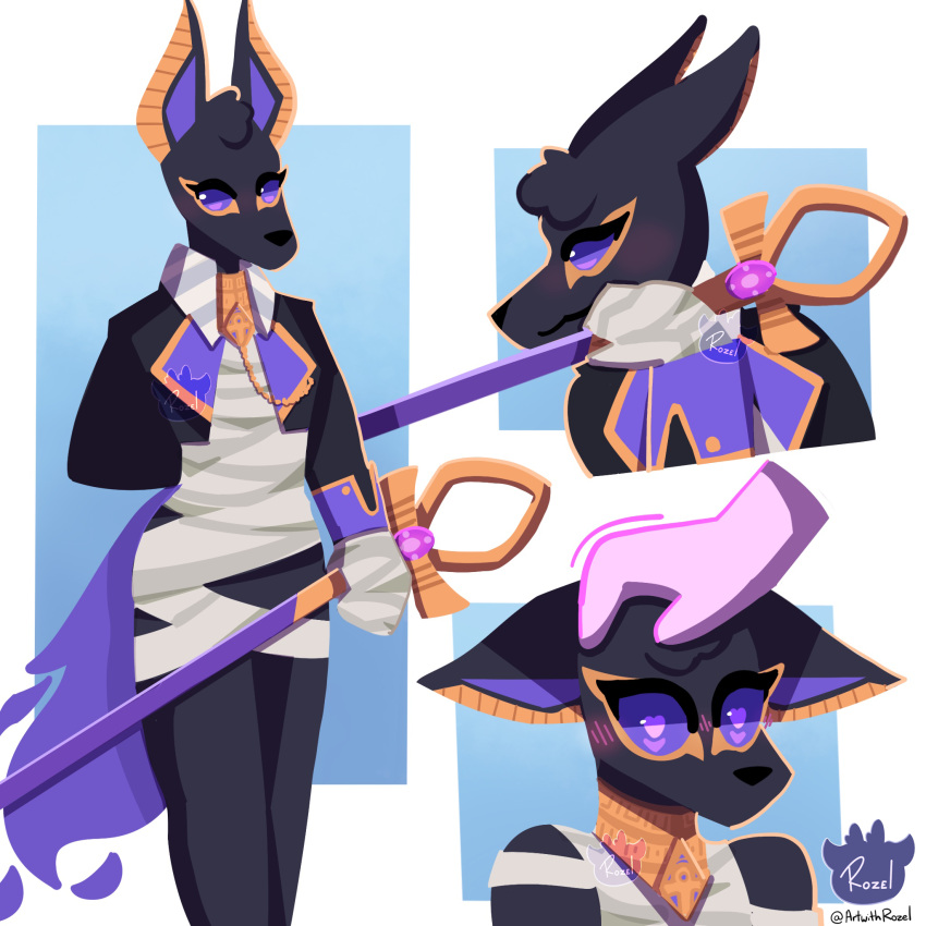 anubian_jackal artwithrozel blush canid canine canis collar dislyte drew_(dislyte) egyptian_mythology fencing gold_(metal) gold_collar head_pat hi_res humanoid jackal male mammal melee_weapon middle_eastern_mythology mythology purple_eyes solo sword weapon