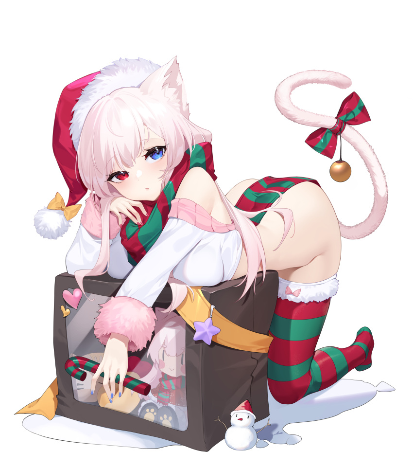 1girl absurdres animal_ear_fluff animal_ears ass back bangs bare_back bare_shoulders bell bent_over blue_eyes blue_nails blush bow box breasts candy candy_cane cat_ears cat_girl cat_tail christmas christmas_ornaments closed_mouth eyebrows_visible_through_hair food full_body fur-trimmed_legwear fur-trimmed_sleeves fur_trim gift gift_box green_bow green_legwear green_scarf hat hat_bow head_rest heterochromia highres indie_virtual_youtuber kneeling kojioo long_hair looking_at_viewer medium_breasts merry_christmas nail_polish no_panties no_shoes orange_bow orange_ribbon pink_hair red_bow red_eyes red_legwear red_nails red_scarf ribbon sack santa_costume santa_hat scarf simple_background snowman solo star_(symbol) striped striped_bow striped_legwear tail tail_bell tail_bow tail_ornament tail_raised thighhighs transparent_background two-tone_bow two-tone_legwear