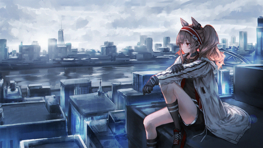 1girl angelina_(arknights) animal_ears arknights arm_on_knee bangs black_footwear black_gloves black_legwear black_shirt bridge brown_hair building choker city cloud cloudy_sky commentary day earphones english_commentary expressionless eyebrows_visible_through_hair film_grain fox_ears fox_girl gloves hair_between_eyes hand_on_own_arm headband highres infection_monitor_(arknights) jacket knee_up light_blush long_hair outdoors red_eyes red_footwear red_headwear redstealth river scenery shirt shoes sidelocks sitting sky skyscraper sneakers socks solo twintails white_jacket