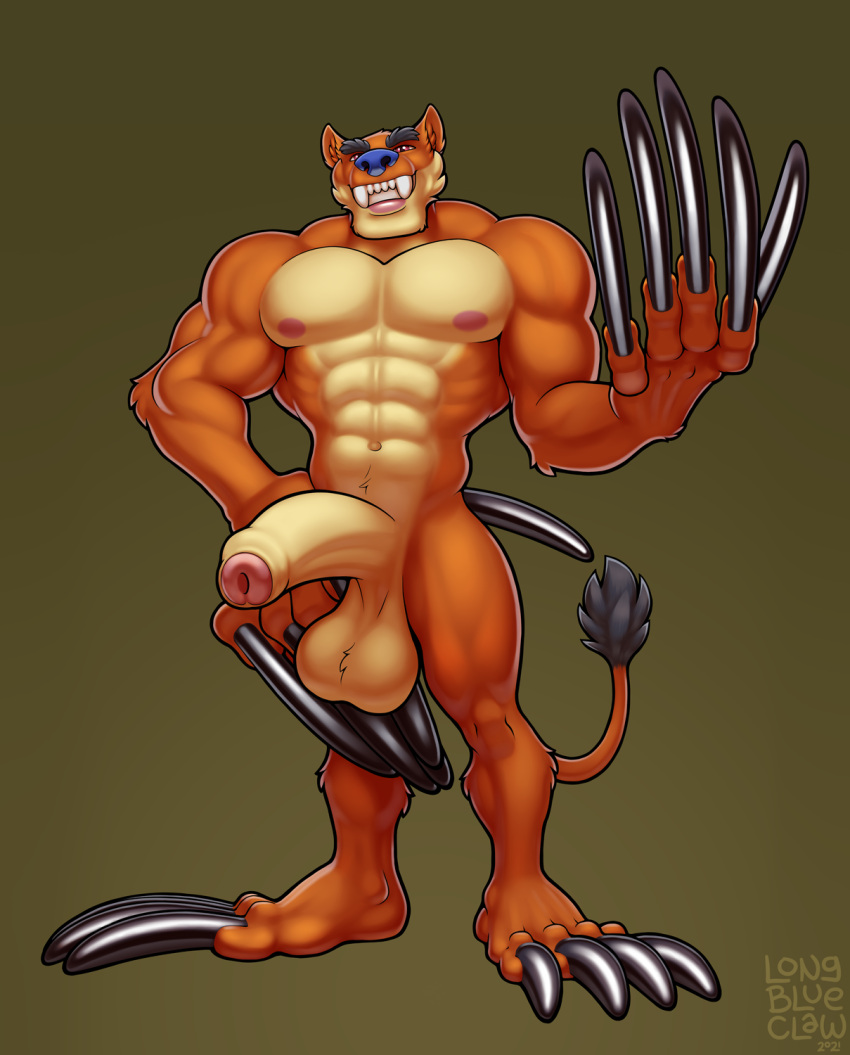 2021 abs anthro balls claws digital_media_(artwork) erection eyebrows foreskin fur genitals hi_res long_claws long_nails longblueclaw looking_at_viewer male muscular muscular_male nipples penis simple_background smile solo standing teeth urethra