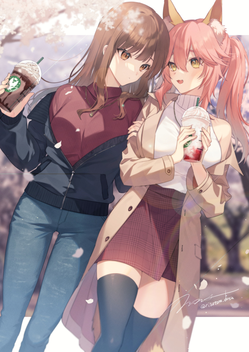 2girls :3 alternate_costume animal_ear_fluff animal_ears bangs bare_shoulders black_jacket black_legwear blush brown_eyes brown_hair brown_jacket casual commentary_request commission cup denim drinking_straw face-to-face fate/extra fate_(series) fox_ears hair_between_eyes highres holding holding_another's_arm holding_cup jacket jeans jewelry kishinami_hakuno_(female) long_hair long_sleeves looking_at_another multiple_girls necklace off_shoulder open_clothes open_jacket open_mouth pants pink_hair red_skirt risutora_desu shirt signature skeb_commission skirt sleeveless sleeveless_shirt smile starbucks tamamo_(fate) tamamo_no_mae_(fate/extra) thighhighs turtleneck twintails twitter_username white_shirt yellow_eyes yuri