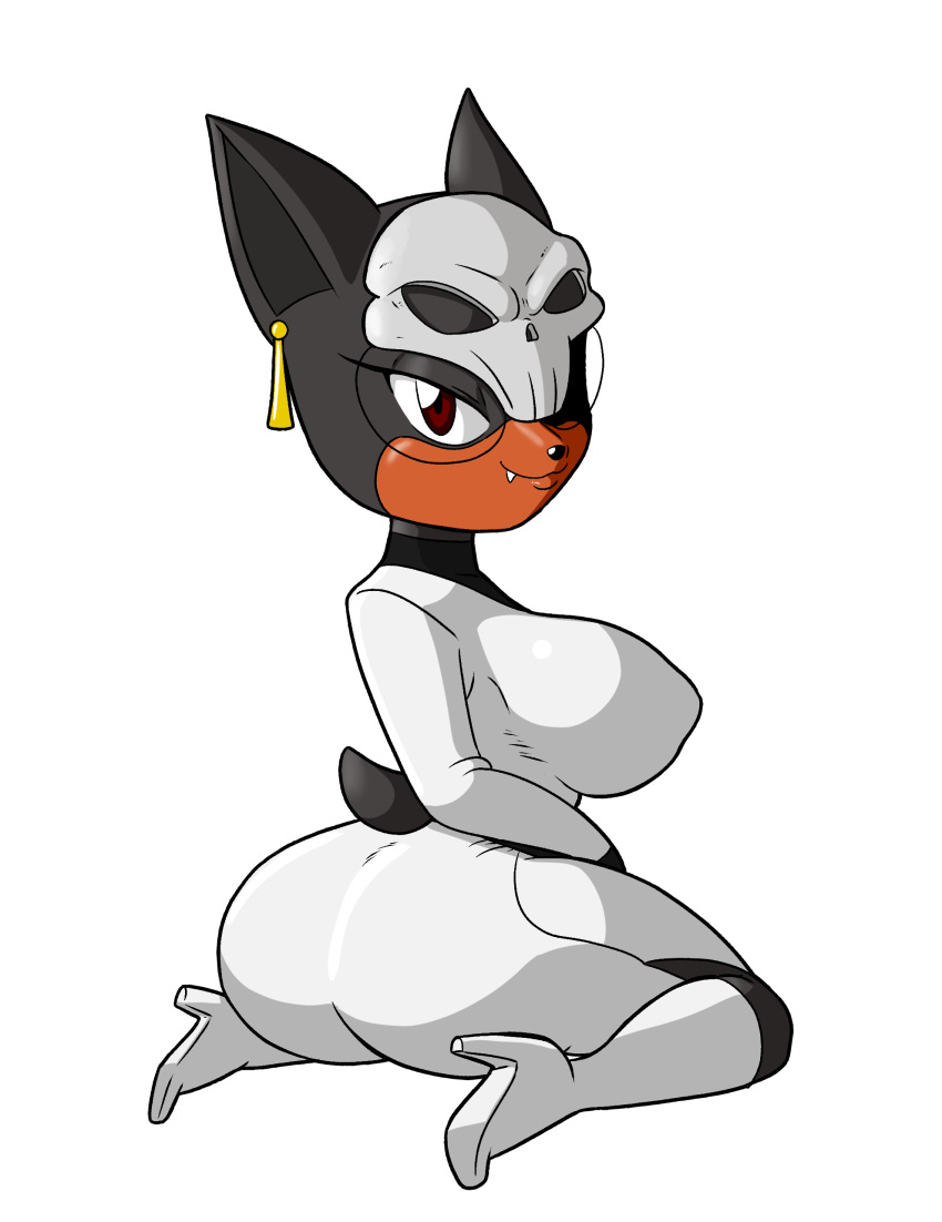 absurd_res anthro big_breasts big_butt black_body bodysuit bone breasts brown_eyes butt clothing dress ear_piercing eyewear female glasses hi_res high_heels houndour kneeling leggings legwear looking_at_viewer looking_back nintendo nipple_outline piercing pok&eacute;mon pok&eacute;mon_(species) skinsuit skull smile solo tansau tight_clothing video_games