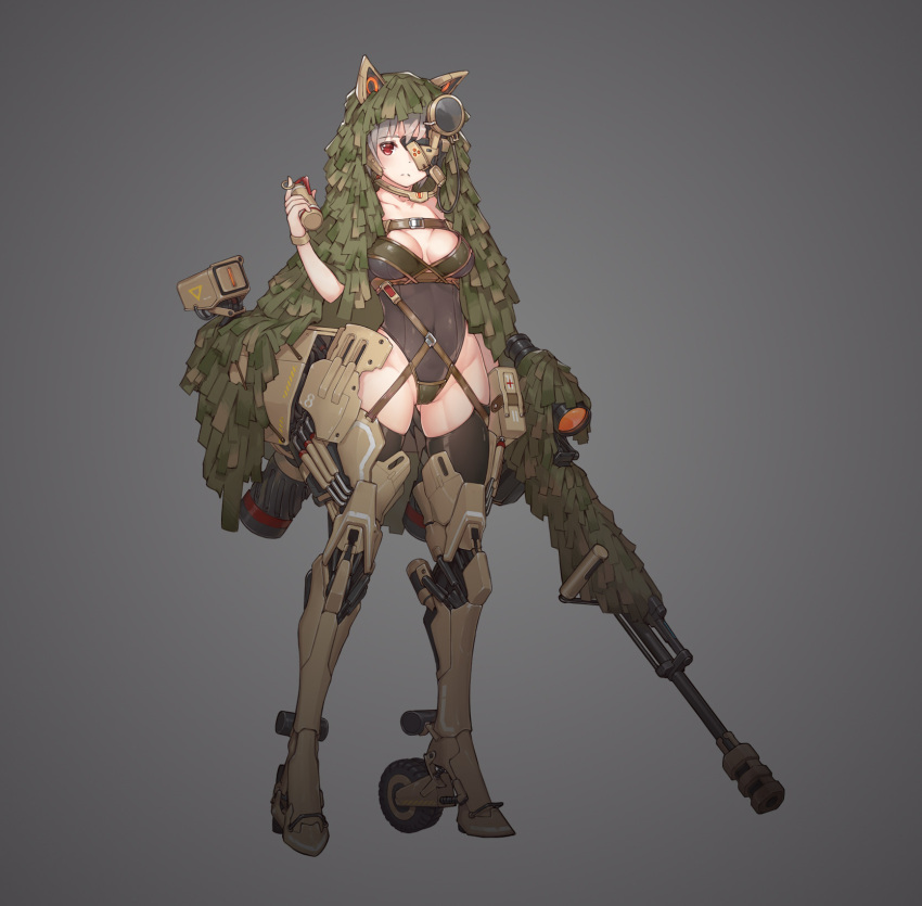 1girl animal_ears anti-materiel_rifle armor camouflage commentary_request covered_navel explosive eyebrows_visible_through_hair fake_animal_ears frown full_body grenade grey_background gun highres holding holding_grenade holding_gun holding_weapon leotard mecha_musume mixed-language_commentary original red_eyes rifle skindentation sniper_rifle solo stmast thighhighs weapon white_hair