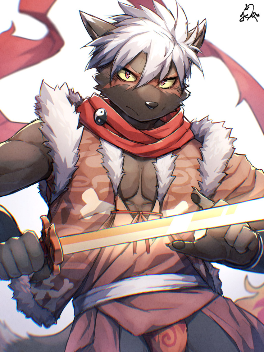 anthro asian_clothing black_body black_fur canid canine canis chaps clothing domestic_dog east_asian_clothing fundoshi fur hair hi_res japanese_clothing katana lifewonders male mammal melee_weapon pecs ponzu_tas samurai scar solo sword tadatomo tokyo_afterschool_summoners underwear video_games warrior weapon white_hair