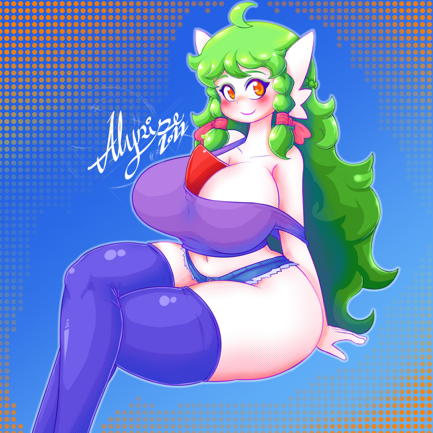 2022 abstract_background accessory ahoge alyrise big_breasts blush bottomwear braided_hair breasts cleavage clothed clothing curvy_figure cutoffs denim denim_clothing female fin gardevoir green_hair hair hair_accessory hair_ribbon hi_res horn huge_breasts humanoid legwear long_hair looking_at_viewer midriff nintendo off_shoulder orange_eyes pok&eacute;mon pok&eacute;mon_(species) pok&eacute;morph ribbons shirt shorts sitting smile solo stockings tank_top topwear video_games voluptuous white_body white_skin wide_hips