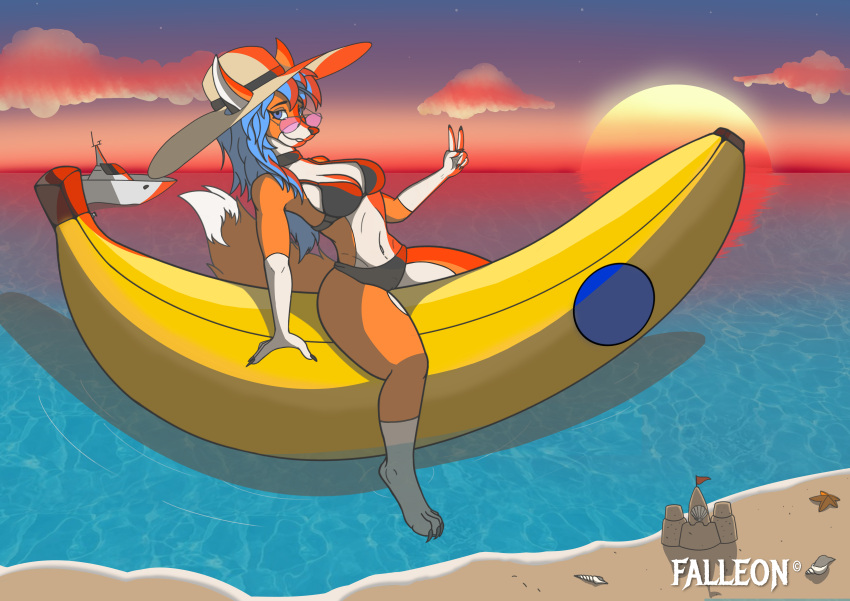 absurd_res anthro banana beach breasts canid canine falleon female food fox fruit hi_res inflatable mammal plant rena sea seaside solo summer water