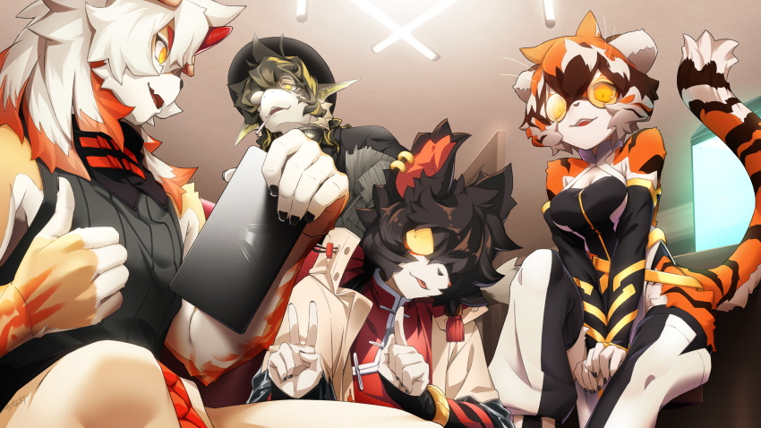 2022 aak_(arknights) absurd_res anthro arknights asian_mythology black_body black_hair blonde_hair canid canine canis clothed clothing domestic_dog dragon east_asian_mythology eastern_dragon felid female fur gesture group hair hair_over_eye hi_res holding_object horn hung_(arknights) hypergryph lee_(arknights) male mammal multicolored_body multicolored_fur multicolored_hair mythology one_eye_obstructed orange_body orange_fur orange_hair pantherine round_eyewear setotinami short_hair smile studio_montagne thumbs_up tiger two_tone_hair video_games waaifu_(arknights) white_body white_fur white_hair yellow_eyes