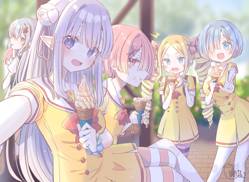 5girls beatrice_(re:zero) black_eyes blonde_hair blue_eyes blue_hair drill_hair echidna_(re:zero) elf emilia_(re:zero) food grey_hair hair_ornament hair_ribbon highres ice_cream kikuno_tsumiki long_hair multiple_girls open_mouth outdoors pink_hair pointy_ears ram_(re:zero) re:zero_kara_hajimeru_isekai_seikatsu red_eyes rem_(re:zero) ribbon school_uniform selfie short_hair sidelocks striped striped_legwear symbol-shaped_pupils twin_drills