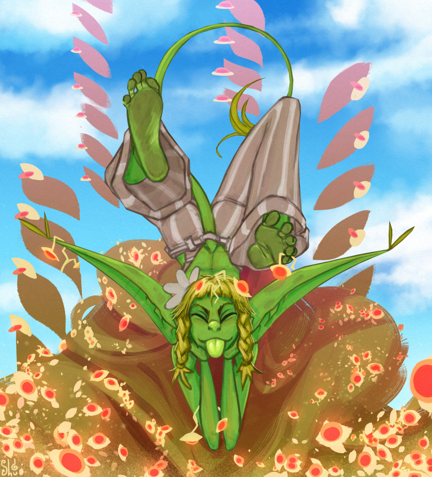 absurd_res accessory barefoot big_ears biped blep braided_hair clothed clothing dirty_feet eyes_closed feet female flower flower_in_hair foot_focus green_body green_skin hair hair_accessory hi_res humanoid humanoid_feet long_ears looking_at_viewer nessel_(shugariosa) plant plantigrade shugariosa smile soles solo toes tongue tongue_out