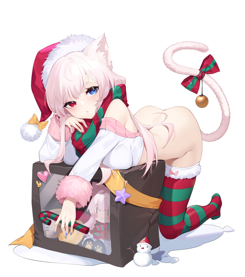 1girl absurdres animal_ear_fluff animal_ears ass back bangs bare_back bare_shoulders bell bent_over blue_eyes blue_nails blush bow box breasts candy candy_cane cat_ears cat_girl cat_tail christmas christmas_ornaments closed_mouth eyebrows_visible_through_hair food full_body fur-trimmed_legwear fur-trimmed_sleeves fur_trim gift gift_box green_bow green_legwear green_scarf hat hat_bow head_rest heterochromia highres indie_virtual_youtuber kneeling kojioo long_hair looking_at_viewer medium_breasts merry_christmas nail_polish no_panties no_shoes orange_bow orange_ribbon pink_hair red_bow red_eyes red_legwear red_nails red_scarf ribbon sack santa_costume santa_hat scarf simple_background snowman solo star_(symbol) striped striped_bow striped_legwear tail tail_bell tail_bow tail_ornament tail_raised thighhighs transparent_background two-tone_bow two-tone_legwear