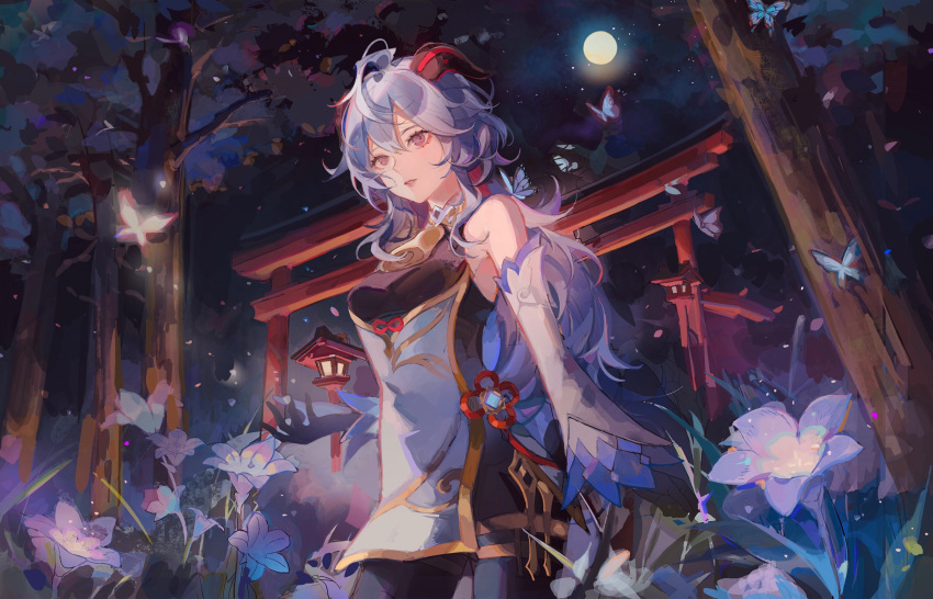 1girl absurdres ahoge bangs bare_shoulders bell blue_butterfly blue_hair bodice bodystocking breasts bug butterfly detached_sleeves flower flower_knot forest full_moon ganyu_(genshin_impact) genshin_impact gold_trim highres horns long_hair moon nature night night_sky outdoors parted_lips purple_eyes sky solo tassel teeth thighlet torii tree zerotabi1210