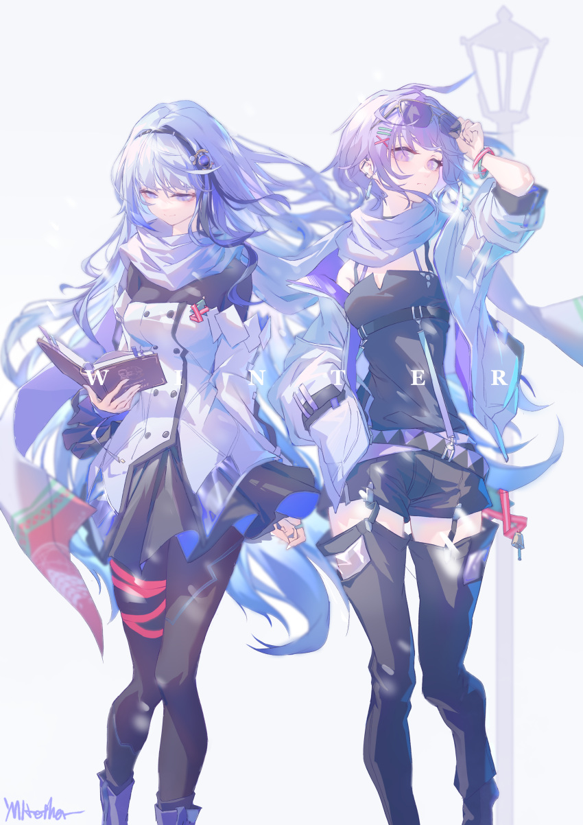 2girls absurdres artist_name bangs black_legwear black_shirt black_shorts black_skirt blue_eyes blue_hair book bracelet chinese_commentary closed_mouth dress eyebrows_visible_through_hair eyewear_on_head fagun_yibei feet_out_of_frame fresnel_(girls'_frontline_nc) girls'_frontline girls'_frontline_neural_cloud hair_ornament hairband hairclip hand_on_eyewear highres holding holding_book hubble_(girls'_frontline_nc) jacket jewelry long_hair looking_at_viewer looking_down multicolored_hair multiple_girls open_clothes open_jacket pantyhose purple_eyes purple_hair scarf shirt short_hair shorts simple_background skirt smile standing streaked_hair sunglasses thighhighs white_dress white_jacket white_scarf winter