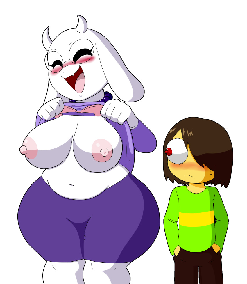 absurd_res ambiguous_gender anthro areola bead_necklace big_breasts blush boss_monster bottomwear bovid bra breasts brown_hair caprine clothing deltarune duo eyes_closed female flashing floppy_ears goat hair hair_over_eye hands_in_both_pockets hi_res horn huge_breasts huge_hips huge_thighs human kris_(deltarune) looking_at_breasts mammal navel nipples one_eye_obstructed open_mouth pants pink_nipples shirt skirt slightly_chubby tan_body tan_skin tansau thick_thighs topwear toriel undertale undertale_(series) underwear video_games wide_hips
