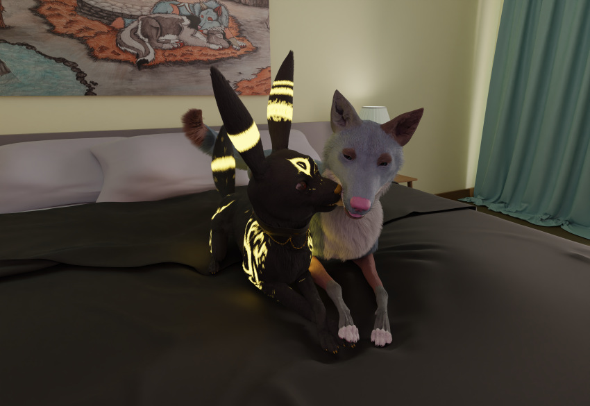 3d_(artwork) 4_toes absurd_res bed bedding bedroom black_body black_fur blender_(software) blue_body blue_fur canid canine canis chain claws collar deserae_(kaerfflow) detailed detailed_background detailed_eyes detailed_fur digital_media_(artwork) eeveelution feet feral front_view fur furniture glowing glowing_markings grey_body grey_fur hand_holding hi_res holding_paws huge_filesize kaerf_(kaerfflow) kaerfflow kissing licking light mammal markings moonlight multicolored_body multicolored_fur nintendo open_mouth pawpads paws pink_nose pink_pawpads pink_tongue pok&eacute;mon pok&eacute;mon_(species) pose quadruped raised_tail red_body red_eyes smile solo teal_eyes teeth toes tongue tongue_out umbreon video_games yellow_nose