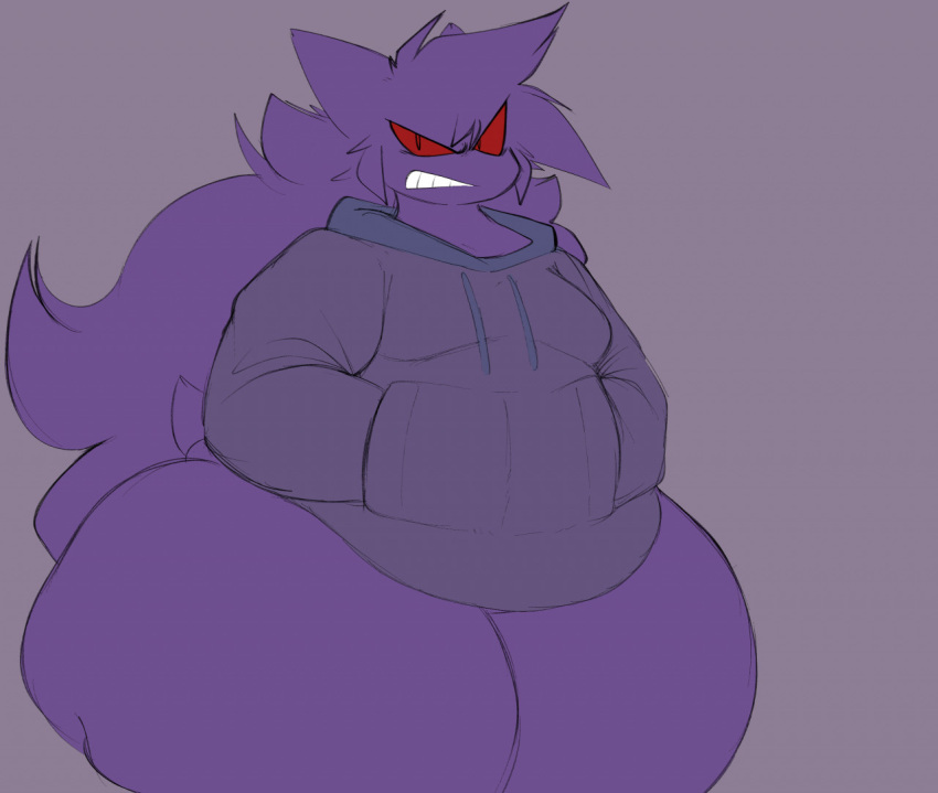 angry anthro clenched_teeth clothed clothing gengar hands_in_both_pockets hoodie huge_thighs male nintendo no_underwear obese overweight partially_clothed pok&eacute;mon pok&eacute;mon_(species) red_sclera solo teeth thick_thighs topwear video_games wide_hips xytora