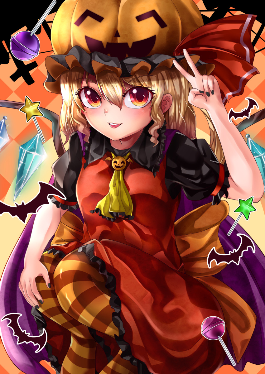 1girl absurdres ascot back_bow bat black_headwear black_nails black_shirt blonde_hair bow candy checkered_background collared_shirt commentary_request crystal eyebrows_visible_through_hair feet_out_of_frame flandre_scarlet food frilled_shirt_collar frilled_skirt frilled_sleeves frills hair_between_eyes halloween hat highres lollipop looking_at_viewer maboroshi_mochi medium_hair mob_cap multicolored_wings nail_polish no_shoes open_mouth orange_bow orange_eyes orange_legwear pantyhose puffy_short_sleeves puffy_sleeves pumpkin_hat red_skirt red_vest shiny shiny_hair shirt short_sleeves skirt solo striped striped_legwear teeth touhou upper_teeth v vest wand wings yellow_ascot
